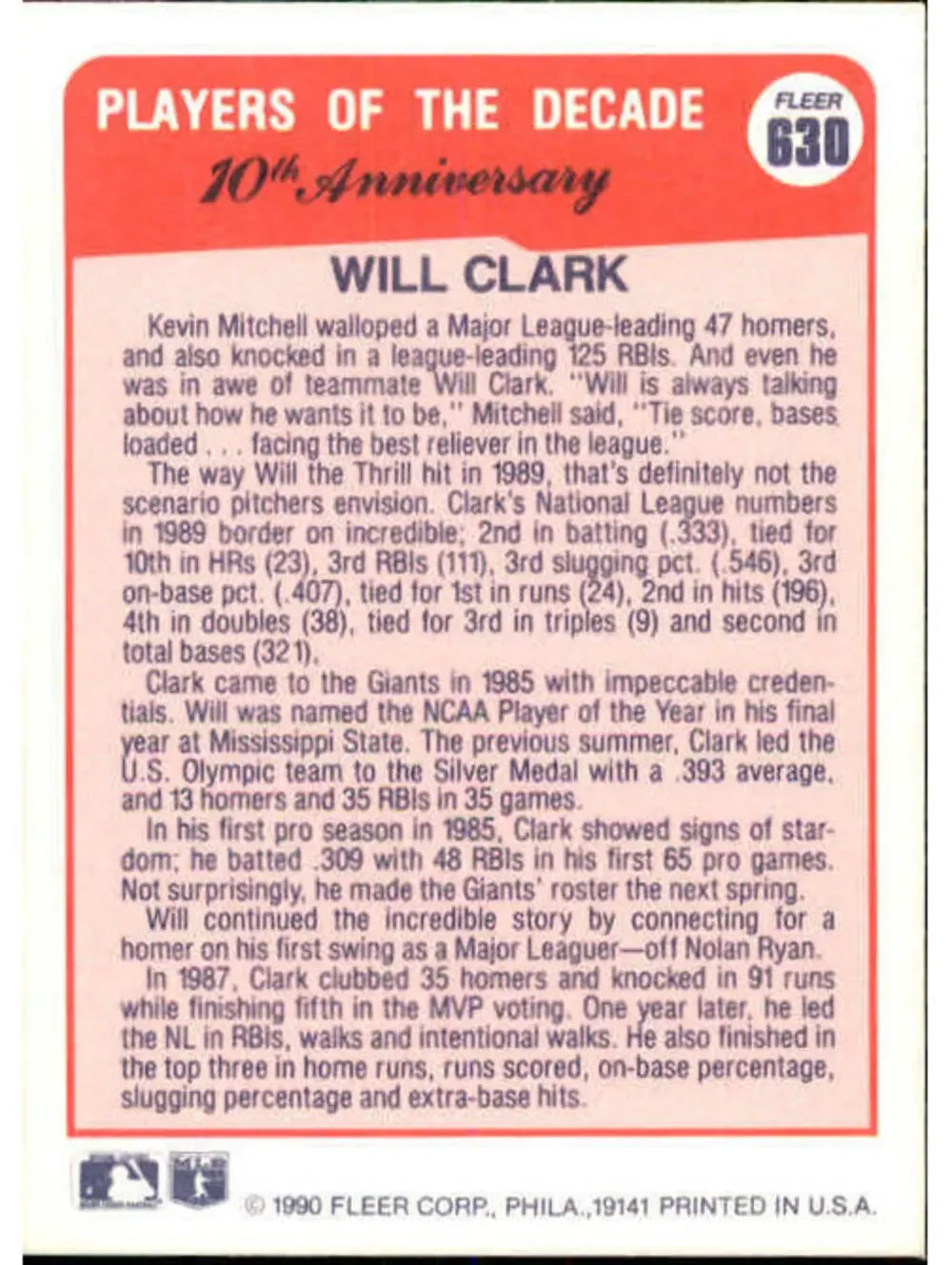 1990 Will Clark Fleer Baseball Card #630
